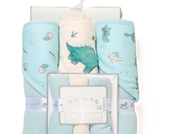 Baby Dinosaur 6 piece Bath Time Set | Hooded Towels & Washcloths | Newborn Baby Gift