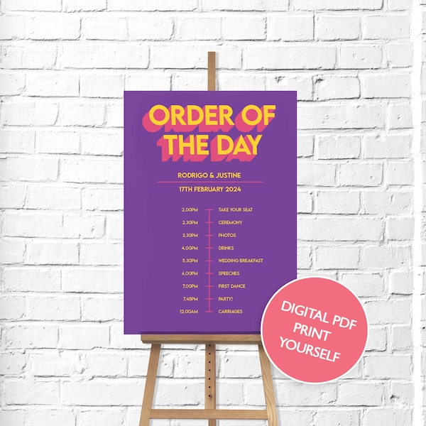 DIGITAL FILE PRINTABLE Bright Block Colour Wedding Order of the Day Handout/ Poster