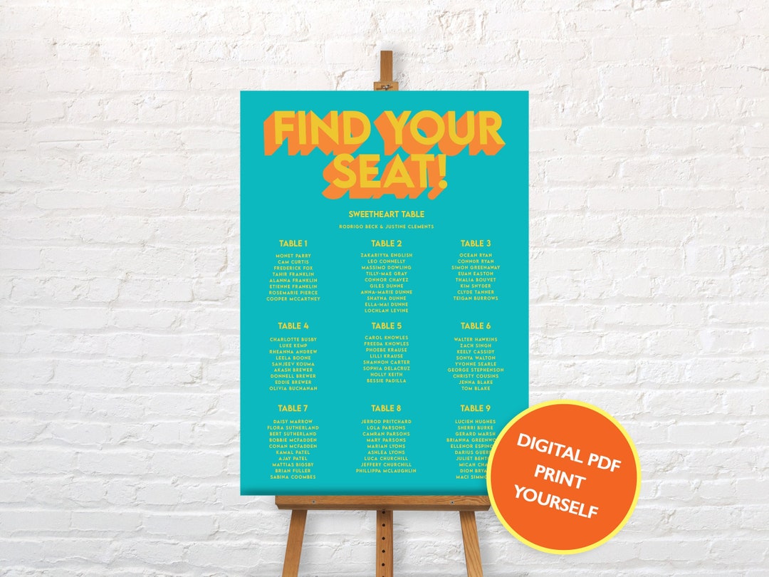 DIGITAL FILE Wedding Table Plan Sign / Poster - Block Colour Typography ...