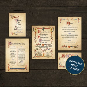 DIGITALE DATEI Hochzeits-Set - Mittelalterliche Hochzeitseinladung mit beleuchteten Handschriften
