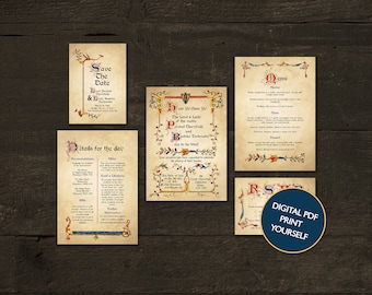 DIGITAL FILE Wedding Set - Medieval Illuminated Manuscript Themed Wedding Invitation