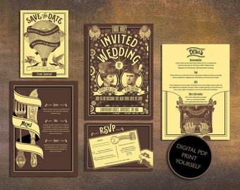 DIGITAL FILE Wedding Set - Steampunk Themed Wedding Invitation Set Two Men