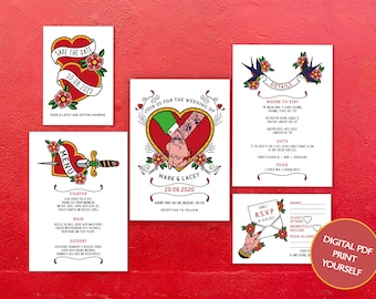 May include: A set of wedding stationery featuring a tattoo-style design. The cards include a 'Save the Date', invitation, menu, details, RSVP, and a circular graphic with the text 'Digital PDF Print Yourself'. The colour scheme is red, white, and black.