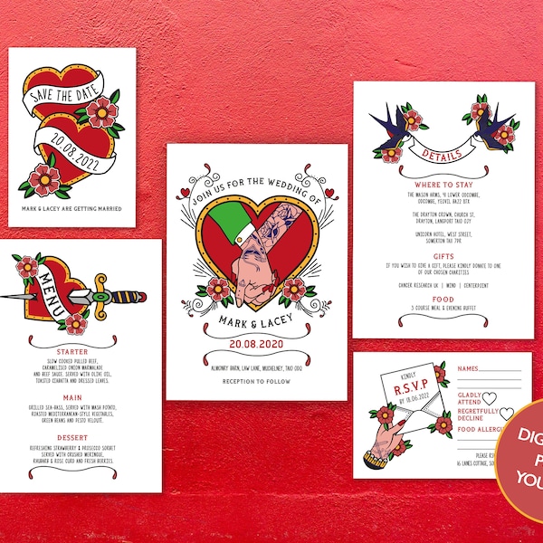 DIGITAL FILE Wedding Invitation Set - Traditional Tattoo  Male and Female Hands