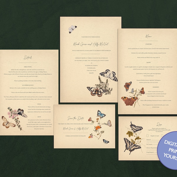 DIGITALE DATEI Hochzeitseinladungs-Set - Vintage Schmetterling - Rustikales Hochzeitseinladungs-Set