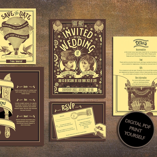 DIGITAL FILE Wedding Set - Steampunk Themed Wedding Invitation Set Man & Woman