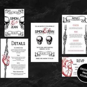 ARQUIVO DIGITAL Conjunto de casamento - Coração e caveira - Conjunto de convite gótico - Halloween
