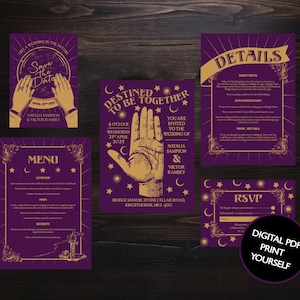May include: A set of purple and gold wedding invitations with a celestial theme. The design includes phrases like "Save the Date" and "Destined to be Together", along with details for the wedding of Natalia Sampson and Viktor Ramsey.