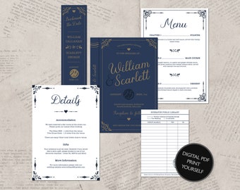 Book Themed Wedding Invitation Set – Library Card RSVP (Digital Printable Files)