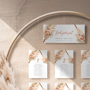 Plantilla de tabla de asientos de hierba de Pampas Boho, tarjetas de mesa con nombres de invitados, hojas tropicales secas, letreros de boda de terracota, imprimible editable 017b