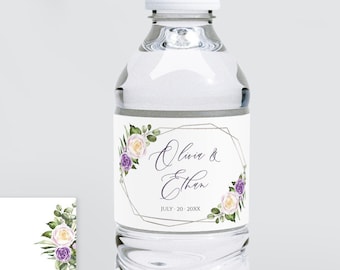 Modèle d'étiquette d'eau de mariage violet Boho, douche nuptiale florale géométrique imprimable, étiquette d'eau de Bachelorette, téléchargement instantané modifiable 034