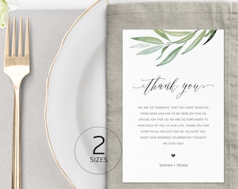 Boho Greenery Thank You Letter Template, Rustic Wedding Menu Thank You Napkin Note, Printable In Lieu of Favor, Editable 4x6in Download, 008