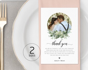 Photo Greenery Thank You Letter Template, Rustic Wedding Menu Thank You Napkin Note, Printable In Lieu of Favor, Editable 4x6in Download 018
