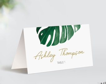 Monstera Place Card Template, Printable Wedding Bridal Escort Card, Editable Name Cards, Beach Tropical Watercolor, Printable, Download 003