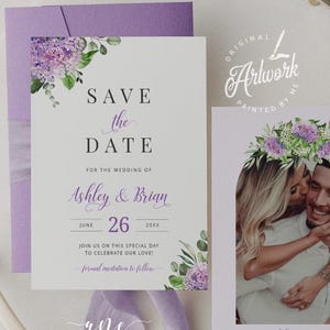 Handgemalte lila Hortensie Save The Date Vorlage, bearbeitbare rustikale lila Blumenhochzeit einladen, Datumsankündigungskarte Printable DIY 019l