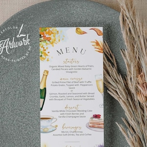 Modelo de menu de aniversário de outono, festa de despedida de solteira no campo, decoração de mesa de casamento de outono, jantar rústico para impressão, menu de ação de graças 040