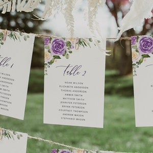 Modèle de tableau de sièges violet moderne, cartes de numéro de table, cartes de sièges de mariage floral lavande Roses, 100 % modifiable téléchargement imprimable 034