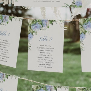 Blauwe hortensia zitplaatsen grafiek afdrukbare sjabloon, stoffige blauwe tafel nummerkaarten, rustieke bloemen bruiloft zitplaatsen kaarten, bewerkbare download 019