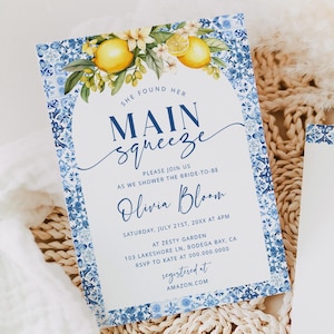 Modelo de convite para chá de panela Main Squeeze para impressão, decoração mediterrânea com limão e cítricos, convite Amalfi com azulejos azuis italianos faça você mesmo 036