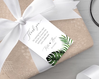 Etiqueta de favor de boda tropical, etiqueta de agradecimiento Monstera de hoja de palma, despedida de soltera en la playa, etiqueta de bolsa de bienvenida, 100% editable, imprimible, descargar 002