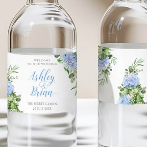 Modèle d&#39;étiquette d&#39;eau de mariage hortensia bleu poussiéreux, douche nuptiale florale modifiable cotillons imprimable téléchargement immédiat DIY 019