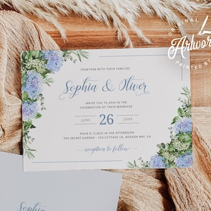 Blue Hydrangea Wedding Invitation Set Template, Printable Country Dusty Blue Horizontal Invite DIY, Rustic Greenery, Editable Download 019