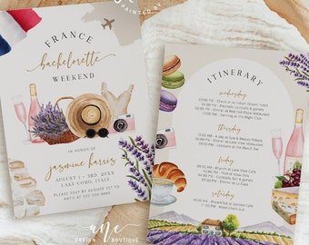 Hand Painted France Bachelorette Party Invite Itinerary Editable Template, French Provence Trip Birthday Weekend Printable Download DIY 038