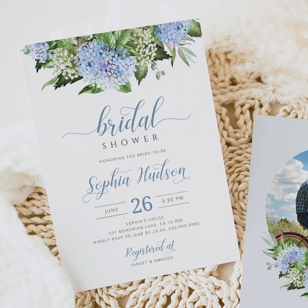 Hand Painted Blue Floral Bridal Shower Invitation Editable Template, Blue Hydrangea Rustic Cottage Invite Country Printable Download DIY 019
