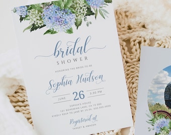Hand Painted Blue Floral Bridal Shower Invitation Editable Template, Blue Hydrangea Rustic Cottage Invite Country Printable Download DIY 019