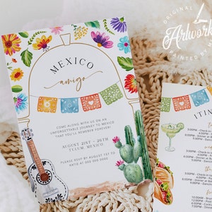 Editable Mexico Invitation Itinerary Template, Birtday Trip, Colorful Floral Bachelorette Tulum Weekend Printable Invite Download DIY 039