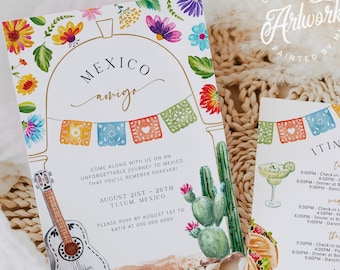 Editable Mexico Invitation Itinerary Template, Birtday Trip, Colorful Floral Bachelorette Tulum Weekend Printable Invite Download DIY 039