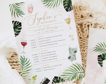 May include: A tropical-themed bachelorette party itinerary card with a watercolor background and green leaves. The card includes the name "Sophia's" and the text "Let's Get Wild".