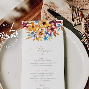 Fall Floral Thanksgiving Dinner Menu Printable Template, Editable Wedding Menu Card, Menu Bar Sign, Fall Bridal Shower Menu Download DIY 010
