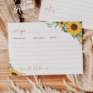 Plantilla imprimible de tarjeta con receta de girasol editable, inserto de juego de despedida de soltera para hacer uno mismo, tarjeta con cierre floral rústico de granero de 4 x 6, descarga digital 028