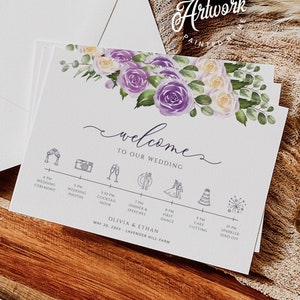 Szablon karty powitalnej z osią czasu ślubu Lavender Zest, karta porządku wydarzeń ślubnych Boho Purple Roses 5x7 4x6, karta na serwetkę do wydrukowania DIY 034