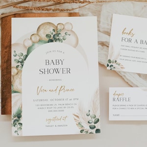 Plantilla imprimible para invitaciones de baby shower de género neutro, libros editables de hierbas de la pampa bohemias para bebés y tarjetas de rifa de pañales (descarga 035)