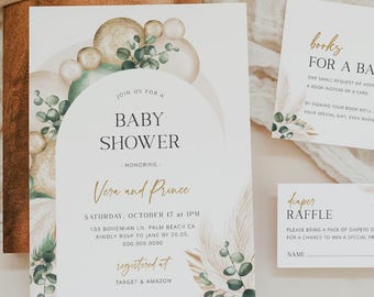 Modèle imprimable d'invitation pour une baby shower non sexiste, livres modifiables à l'herbe de la pampa bohème pour bébé et cartes de tombola de couches à télécharger 035