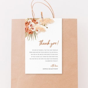 Plantilla de carta de agradecimiento de hierba de pampas de terracota, menú de boda boho gracias servilleta nota imprimible en lugar de favor descarga editable 017b