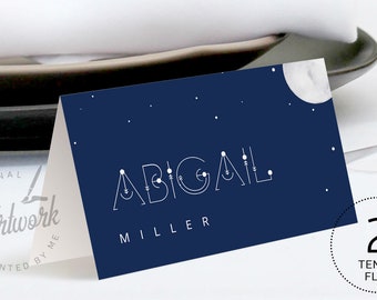Moon and Stars Place Card Template, Printable Celestial Wedding Bridal Escort Card, Editable Constellations Galaxy Name Cards, Download, 022