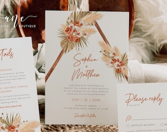 Plantilla de suite de invitación de boda Boho, hoja de palma seca de hierba de pampa, tonos terrosos de terracota naranja quemado, descarga digital imprimible 017b