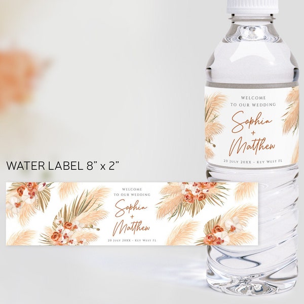 Terracotta Boho Wedding Water Bottle Label Editable Template, Pampas Grass Custom Bridal Baby Shower Favors, Printable Digital Download 017b