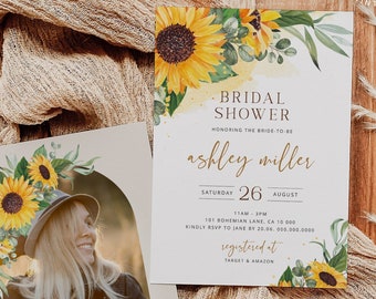 Sunflower Summer Bridal Shower Invite Template, Editable Yellow flowers Rustic Shower Invitation, Engagement Party Printable Download 028