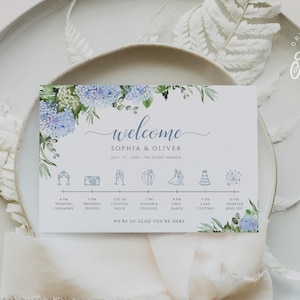 Blaue Hortensie Hochzeit Willkommen Timeline Kartenvorlage, rustikale Blumen Hochzeit Willkommenstasche Order of Events Karte, druckbare Serviettenkarte DIY 019