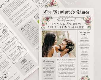 Boho Floral Wedding Newspaper Post Template, 4 Pages Booklet Fun Program Idea, Rustic Editable Newlywed Times, Printable Wedding Program 007