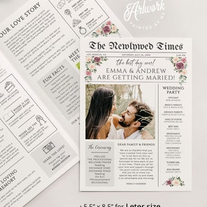 Könnte beinhalten: Eine Hochzeitsanzeige im Stil einer Zeitung mit einem floralen Design und dem Text "The Newlywed Times" und "the best day ever! Emma & Andrew are getting married!" Die Anzeige enthält ein Foto des Paares und Details zur Hochzeitsfeier.
