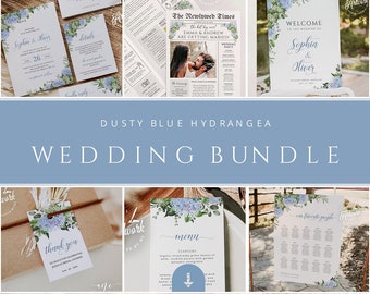 Dusty Blue Hydrangea Wedding Stationery BUNDLE 61 Templates, Pastel Boho Editable Invitation Set, Printable Wedding Signs DIY, Download 019