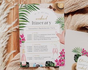 Boho Arch Tropical Bachelorette Party Itinerary Template, Editable Birthday Weekend Invitation, Bougainvillea Wedding Program Printable 002b