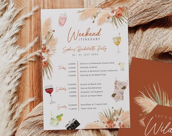 Terrakotta Pampas Gras Bachelorette Party Reiseplan Vorlage, bearbeitbare Wochenende Dusche Einladung, Hochzeit Programm druckbare Download 017b