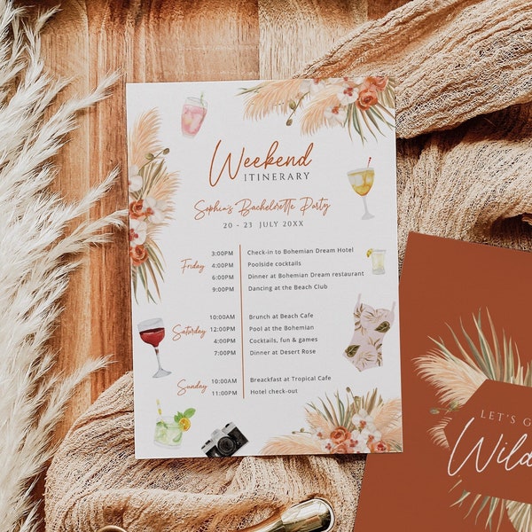 Terracotta Pampas Grass Bachelorette Party Itinerary Template, Editable Weekend Shower Invitation, Wedding Program Printable Download 017b
