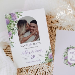 Modelo de reserva de data de casamento roxo boho pintado à mão, cartão de anúncio de data de casamento floral de hortênsia rústica editável para impressão 019l